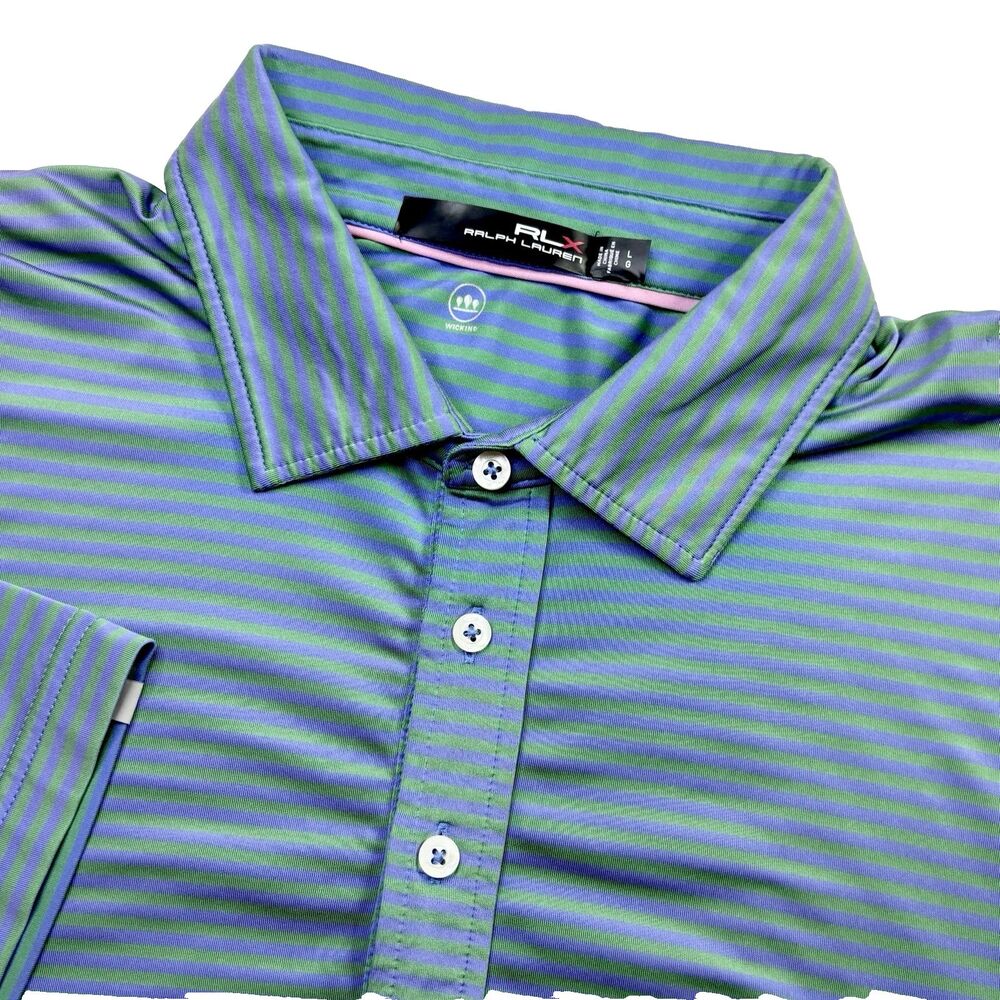 Ralph Lauren RLX Men's L Green‎ Blue Stripe Short Sleeve Performance Polo Shirt